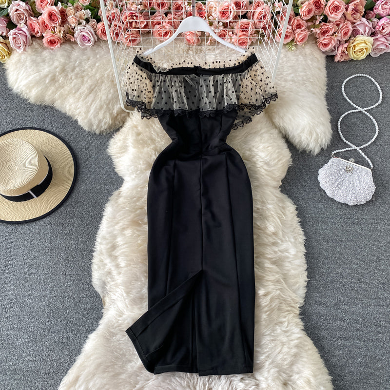 Robe en maille à pois ondulés à une épaule de style mature léger tempérament 2954