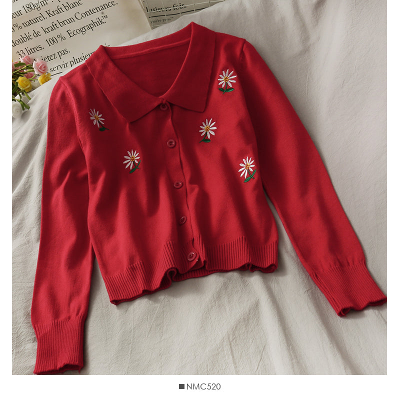 Petit cardigan à simple boutonnage brodé Daisy pour femme, pull 1934