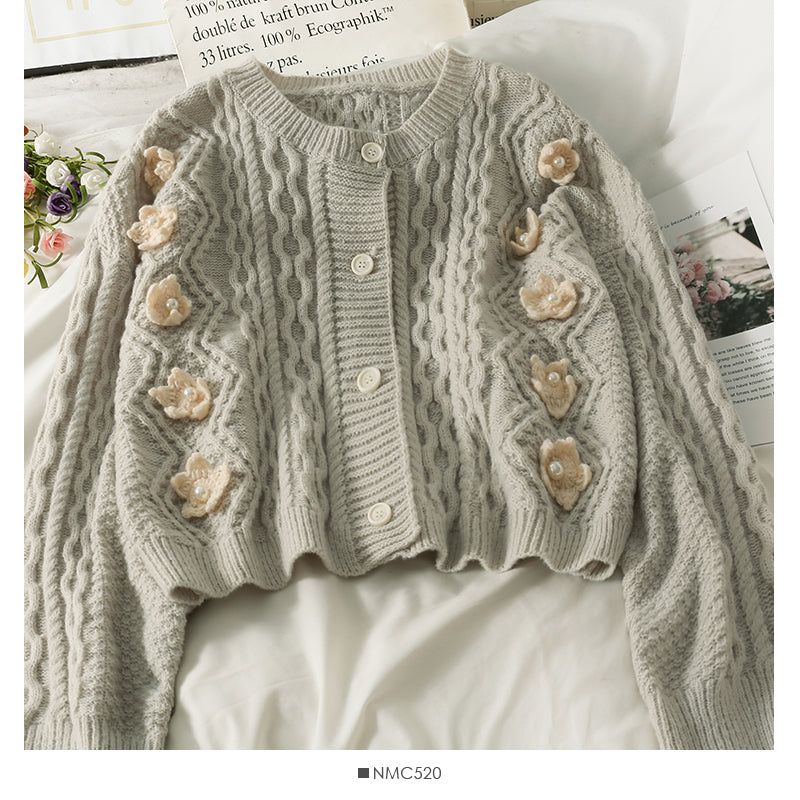 Pull femme clou perle fleur tridimensionnelle simple boutonnage cardigan haut 1807