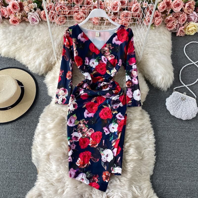 Robe portefeuille sexy imprimée à imprimé irrégulier, jupe mi-longue 3417