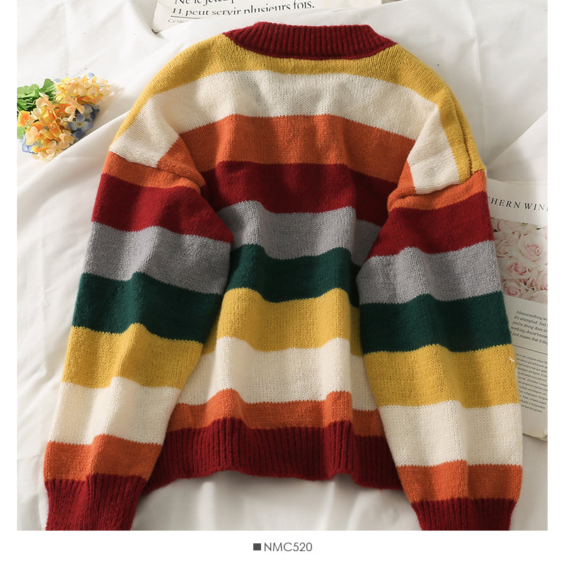 Pull cardigan fin et ample à rayures de couleur contrastée élégant des années 1980