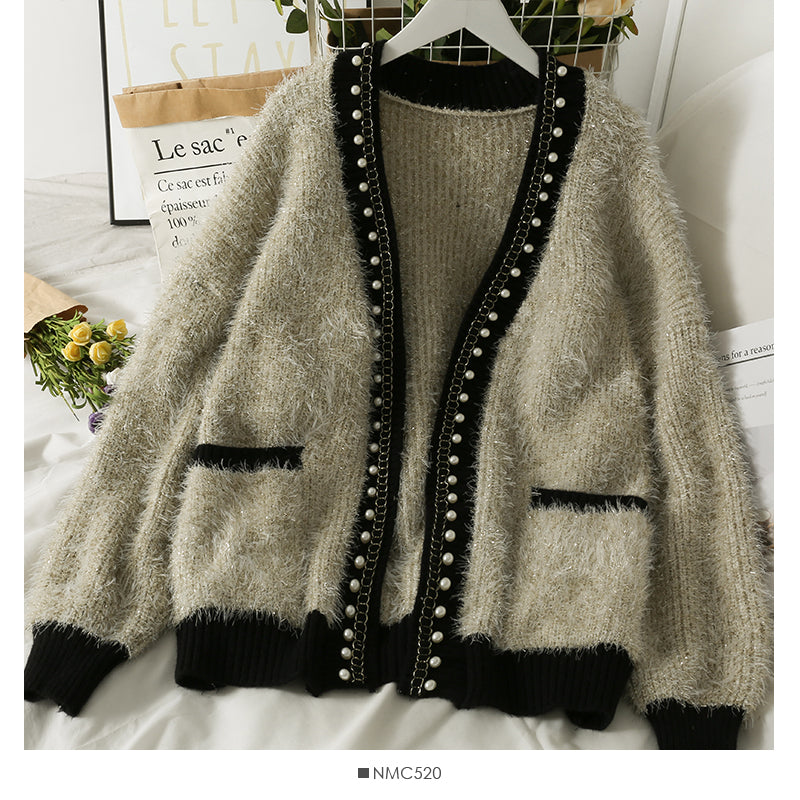 Cardigan mi-long en perles de style rétro de Hong Kong pour femme, veste ample à manches longues, 2042