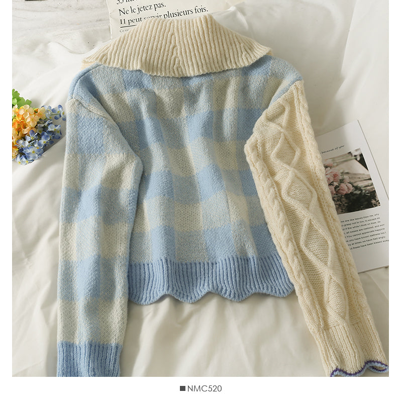 Chemise femme en tricot ample à carreaux à gros revers et à blocs de couleurs de style élégant 1899
