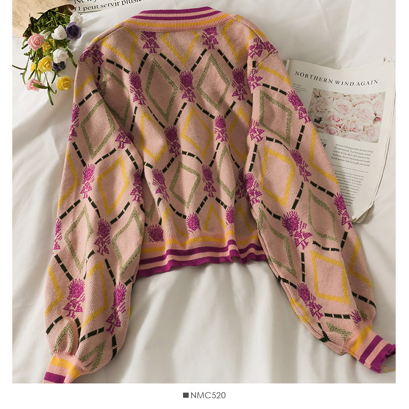 Pull court ample à manches longues et col en V pour femme, imprimé vintage, à carreaux, automne, 2066