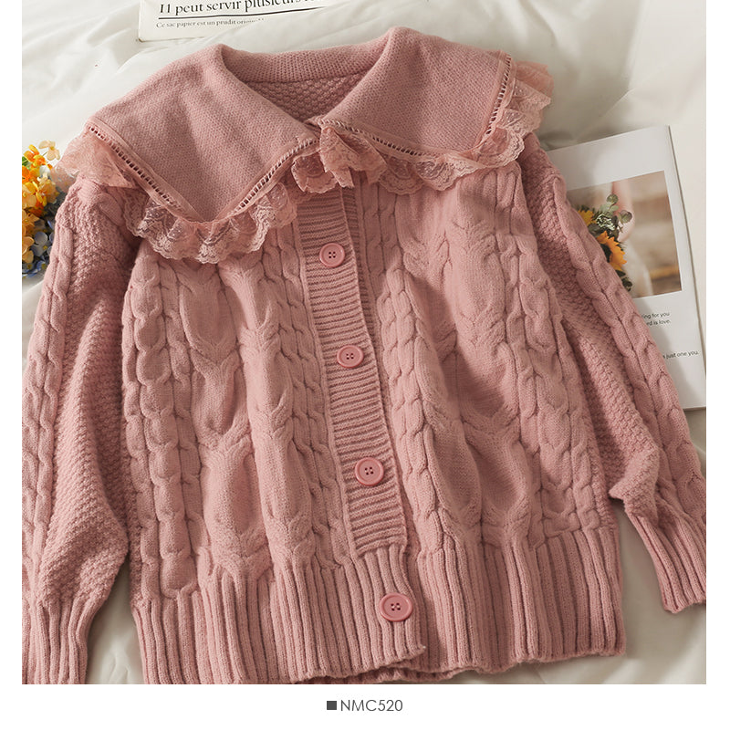 Pull col bébé en dentelle au vent doux avec bordure en bois cousue 1900