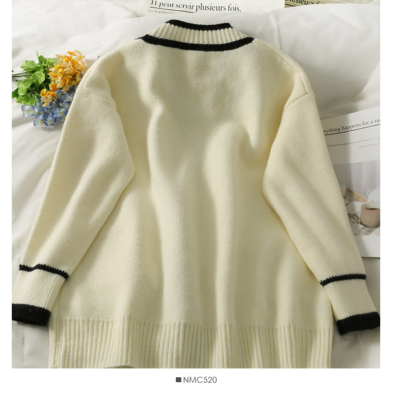 Pull femme nouveau pull rayé ample fin à simple boutonnage 2073