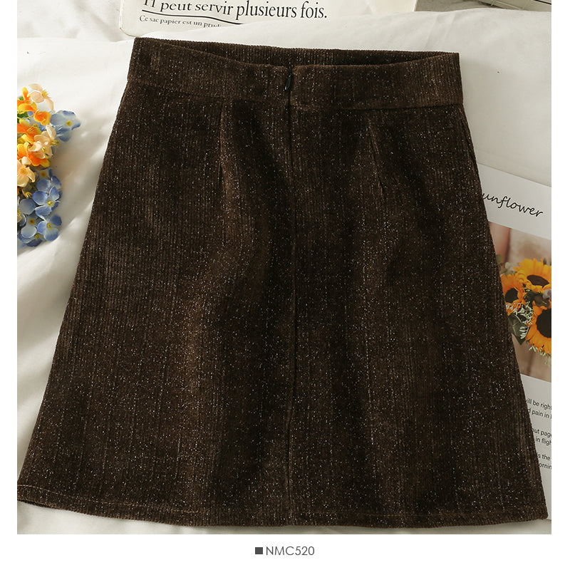 Hong Kong style retro bright silk vertical stripe buckle high waist slim A-line skirt 2588