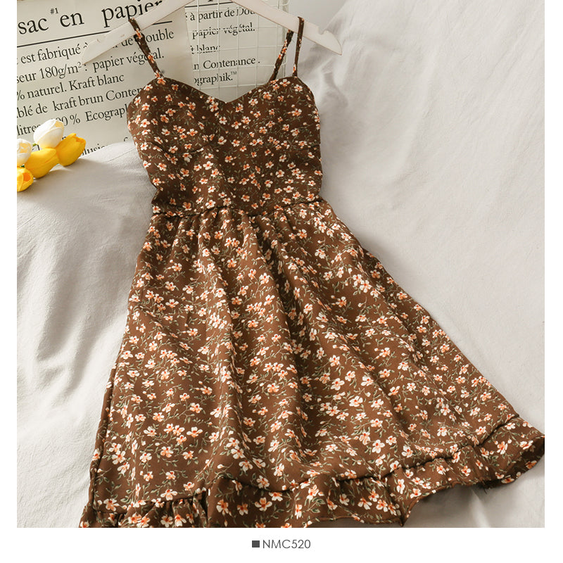 Hong Kong style retro floral high waist suspender skirt 2678