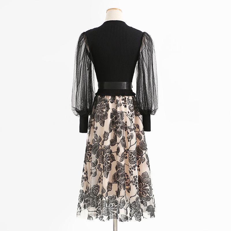 New Hepburn style dress long sleeve stitched embroidery mesh 2442