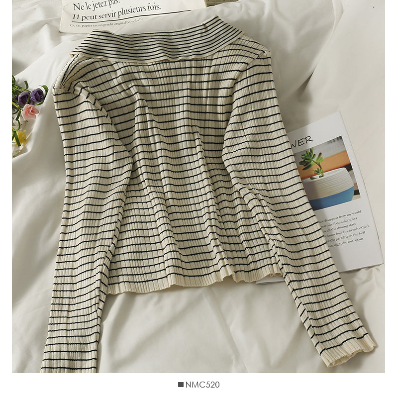 Haut cardigan coréen à rayures verticales et revers à manches longues et boutonnage simple 2043