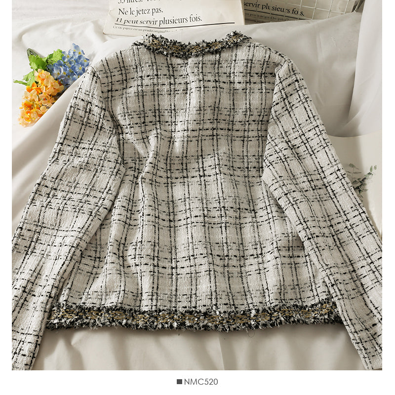 Manteau ample en tweed à carreaux pour femme, col rond, manches longues, soie brillante, laine, automne 2090