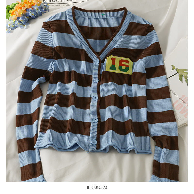 Cardigan rayé à simple boutonnage, pull à manches longues pour femme 2061