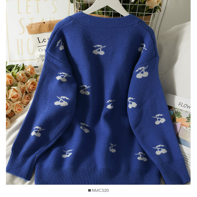 Pull mi-long à col bas imprimé cerises pour femme 2041