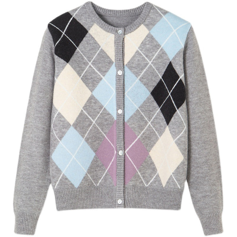 Cardigan à carreaux doux, vintage, col rond 1434