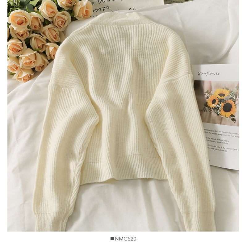 Pull femme cardigan trois boutons pull fin col V à manches longues 1755