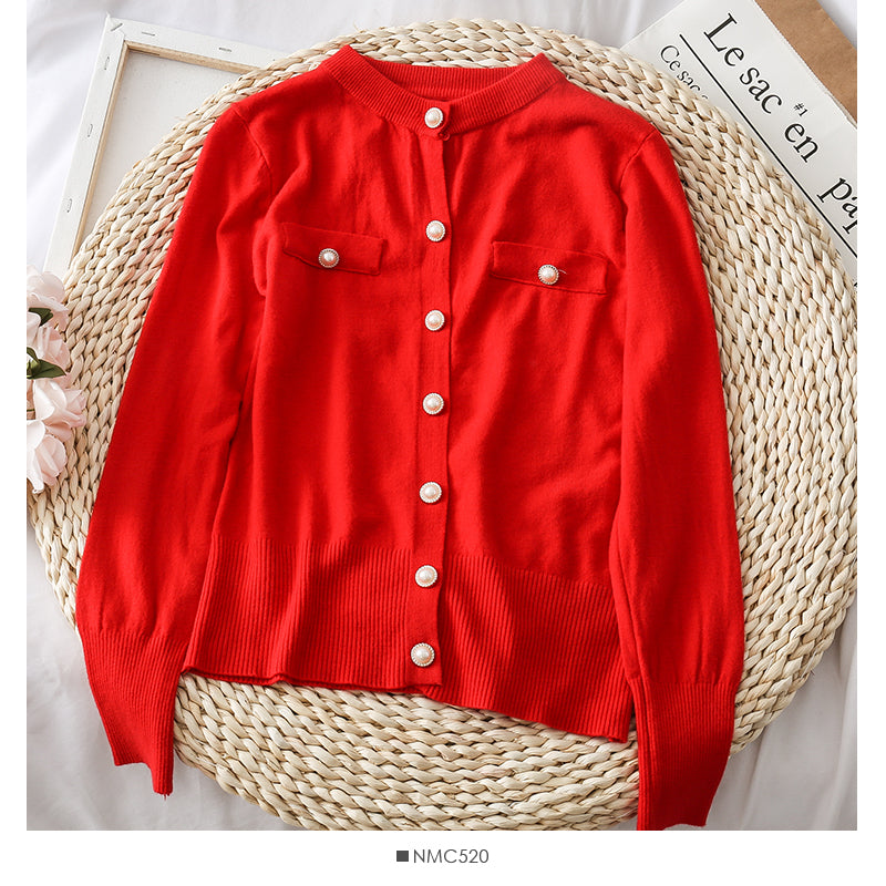 Pull-cardigan à col rond et simple rangée de boutons en perles 1865