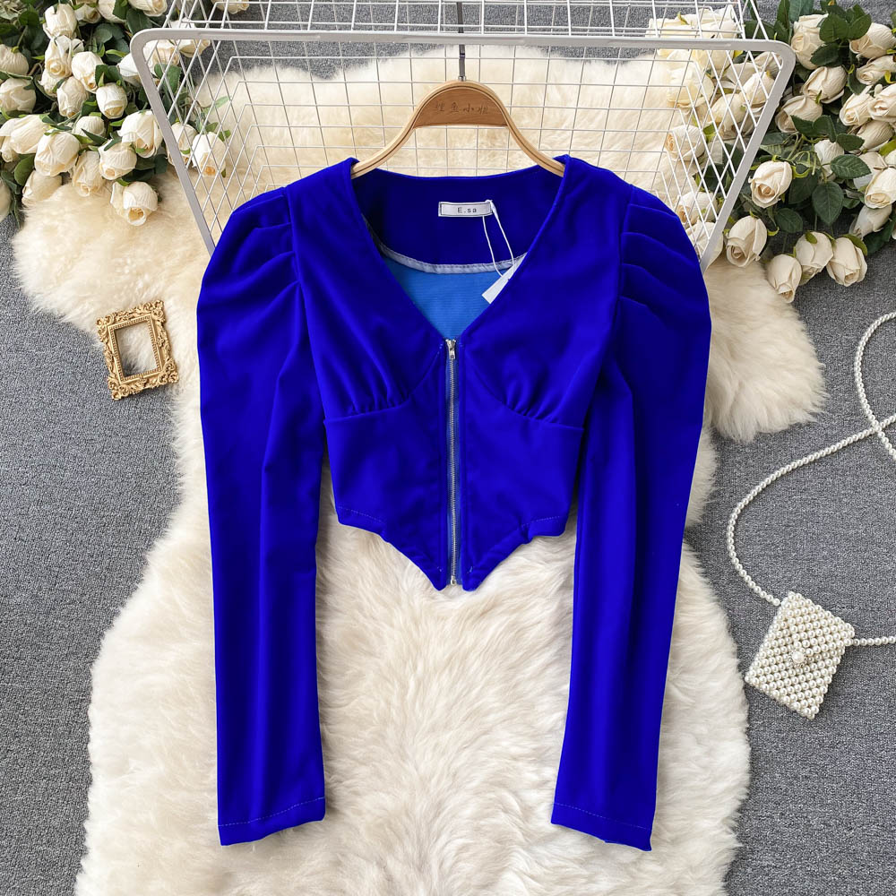 French retro velvet niche V-neck zipper bubble sleeve 1557