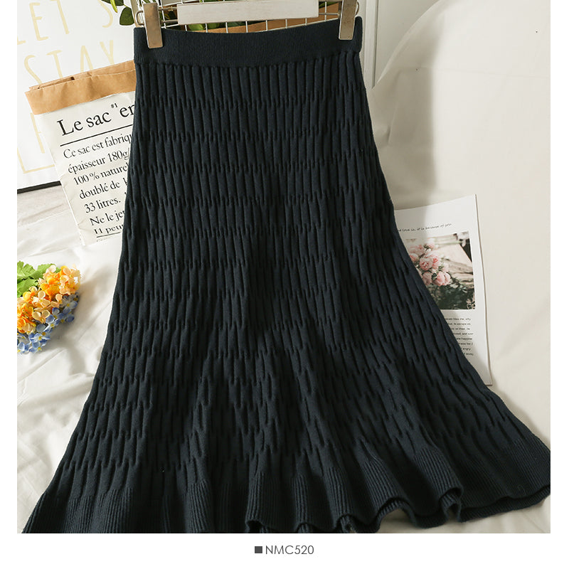 Korean stripe high waist thin solid color versatile knitted skirt 2648