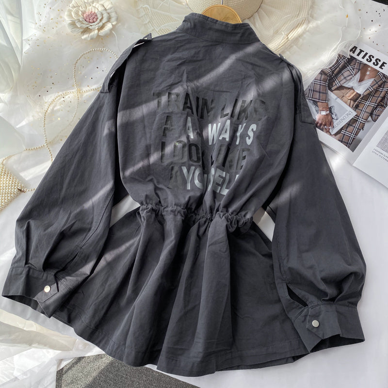 Small windbreaker women's drawstring waist long work clothes casual coat 1684