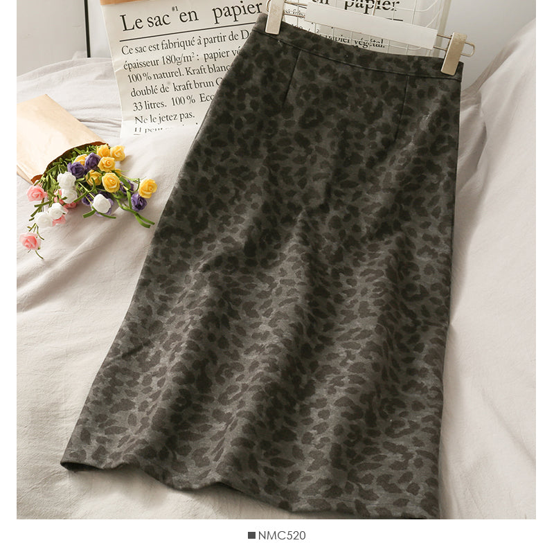 Korean retro split mid length leopard pattern versatile skirt 2635