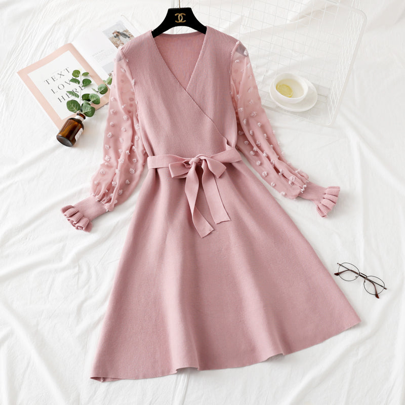 Bottomed skirt bubble sleeve lace stitching long sleeve knitted dress slim fit 2453