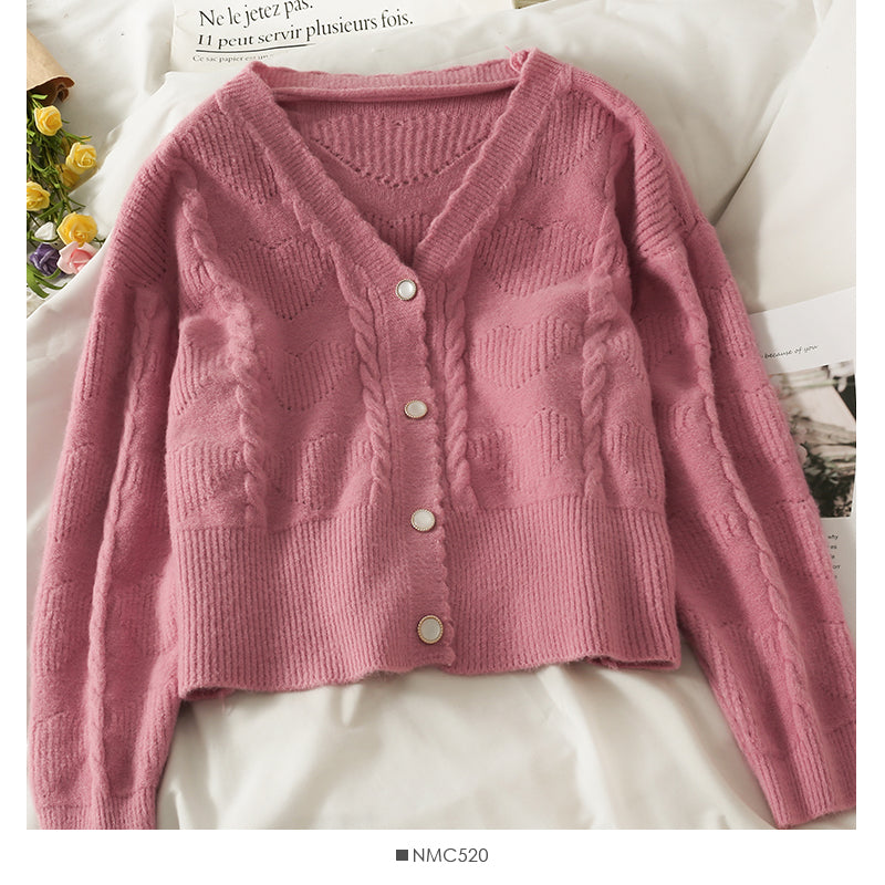 Pull femme new wave edge col V cardigan simple boutonnage 1873