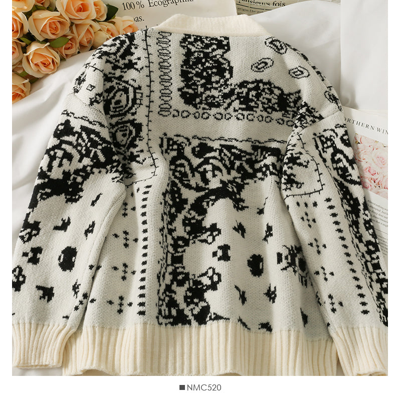 Cardigan à simple boutonnage imprimé vintage pull ample pour femme nouveau pull polyvalent à manches longues et col en V mode 2031