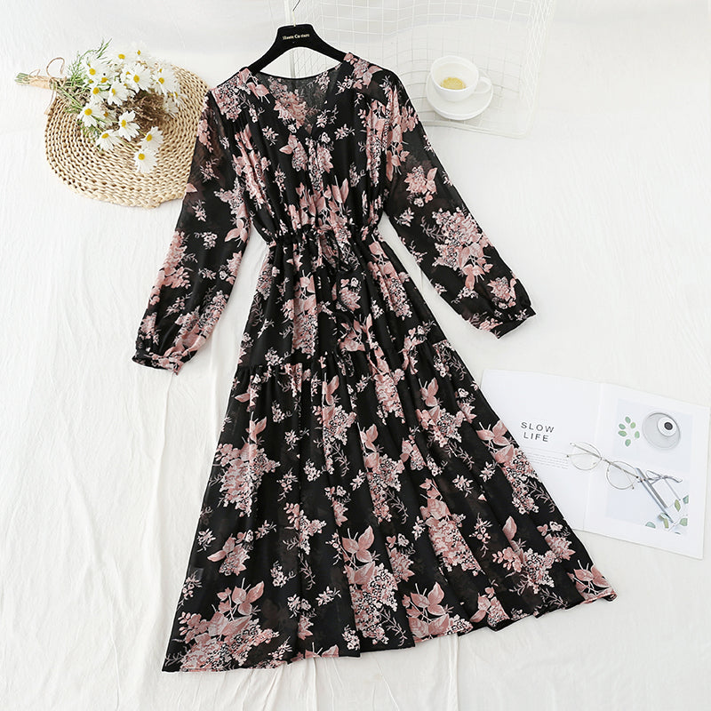New French retro loose early autumn Chiffon large flower skirt long 2170