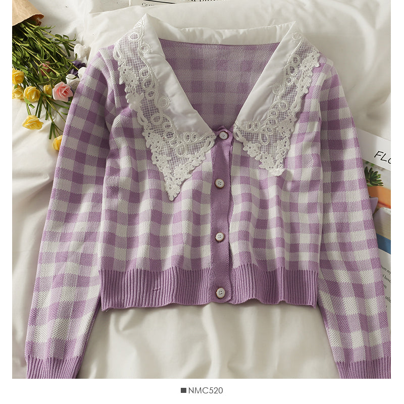 Cardigan court slim à revers avec empiècement en dentelle contrastée 1864