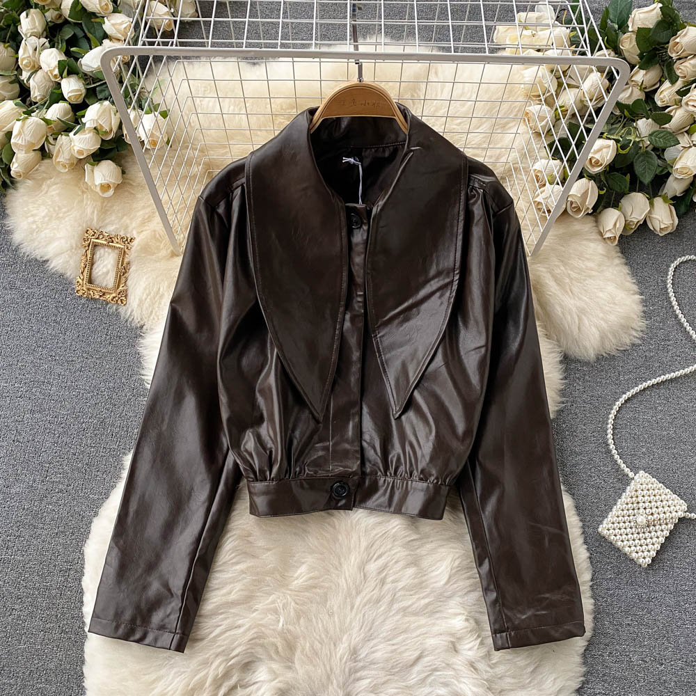 Women's Scarf Collar long sleeve single car leather coat 1510