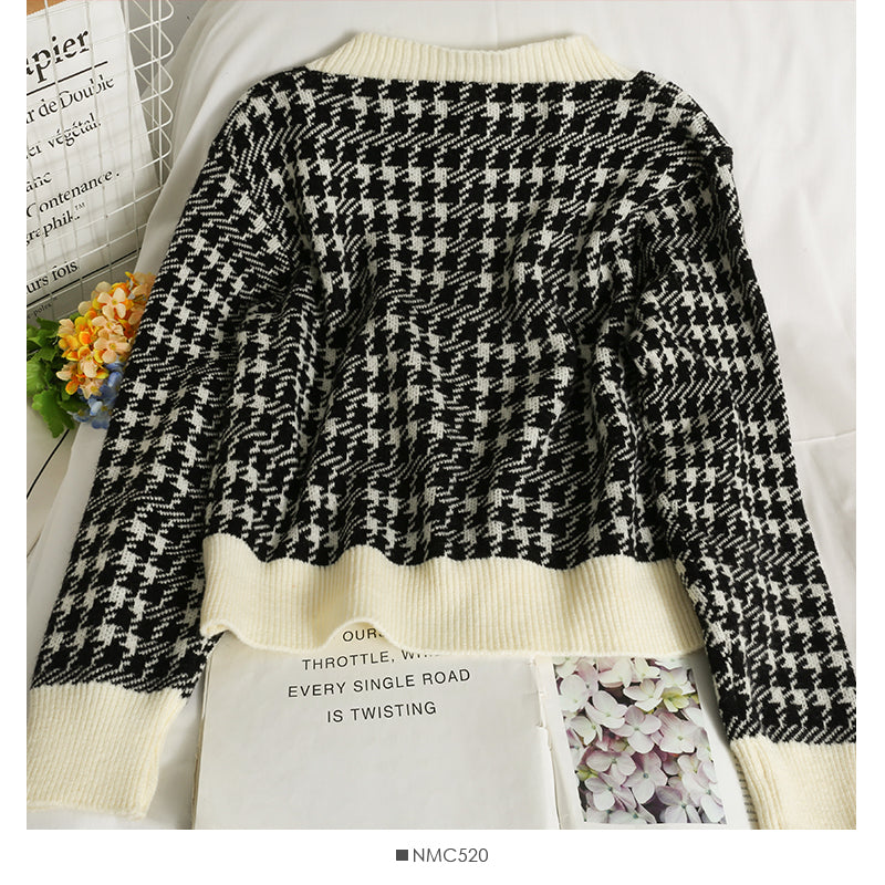 Pull cardigan à boutonnage simple et manches longues à carreaux patchwork 1911