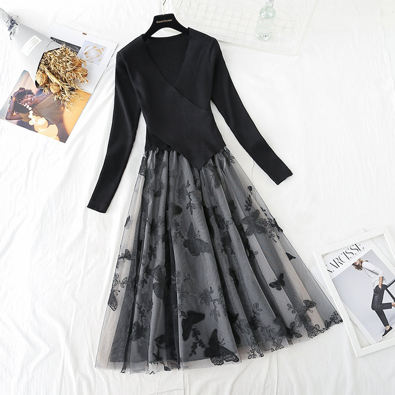Irregular knit stitching fake two-piece mesh Butterfly Embroidery skirt female 2152