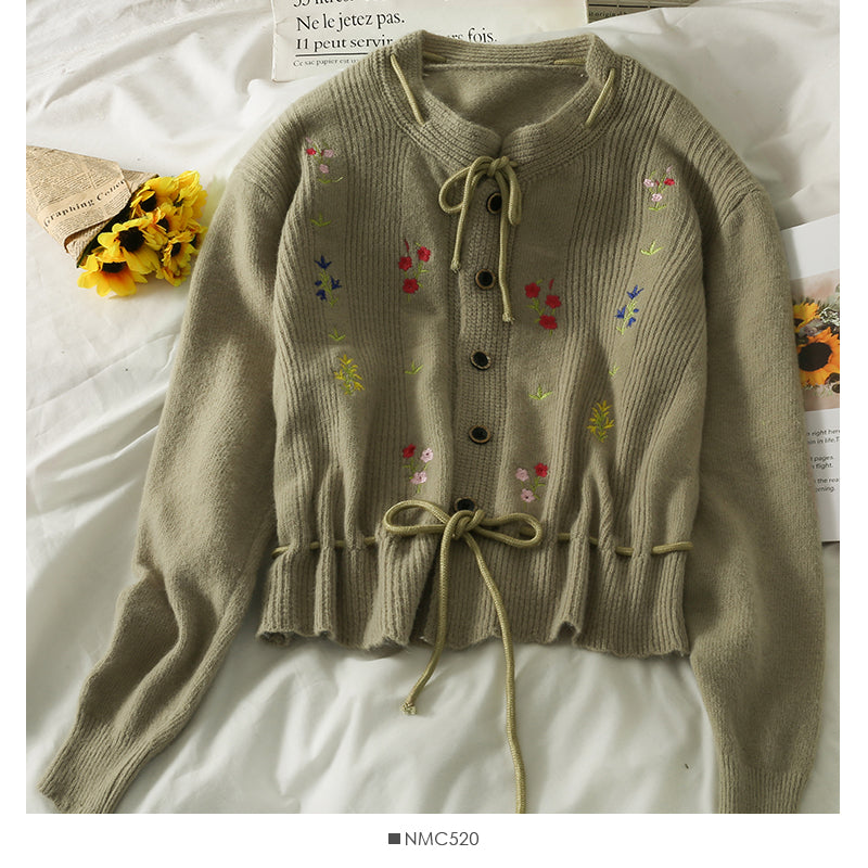 Haut cardigan simple boutonnage brodé à lacets et nœud papillon 1862