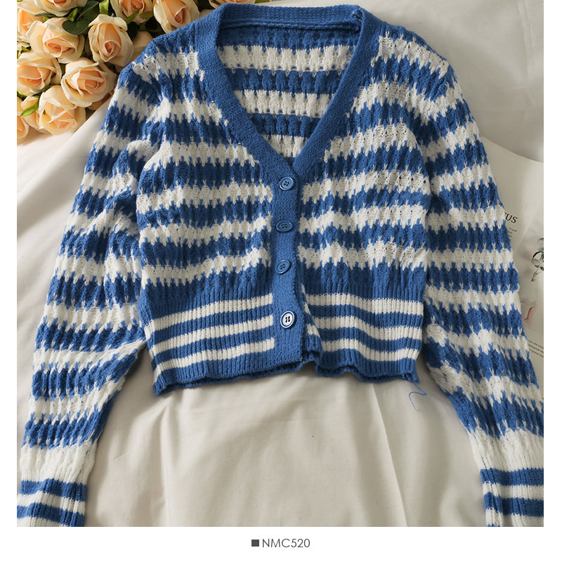 Pull cardigan court à simple boutonnage, ample et fin, à rayures coréennes 1883