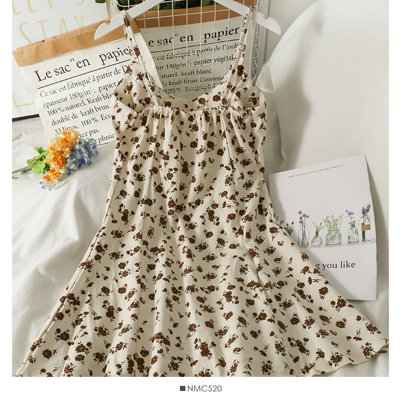 Hong Kong style retro small fresh broken flower low neck backless suspender skirt 2688