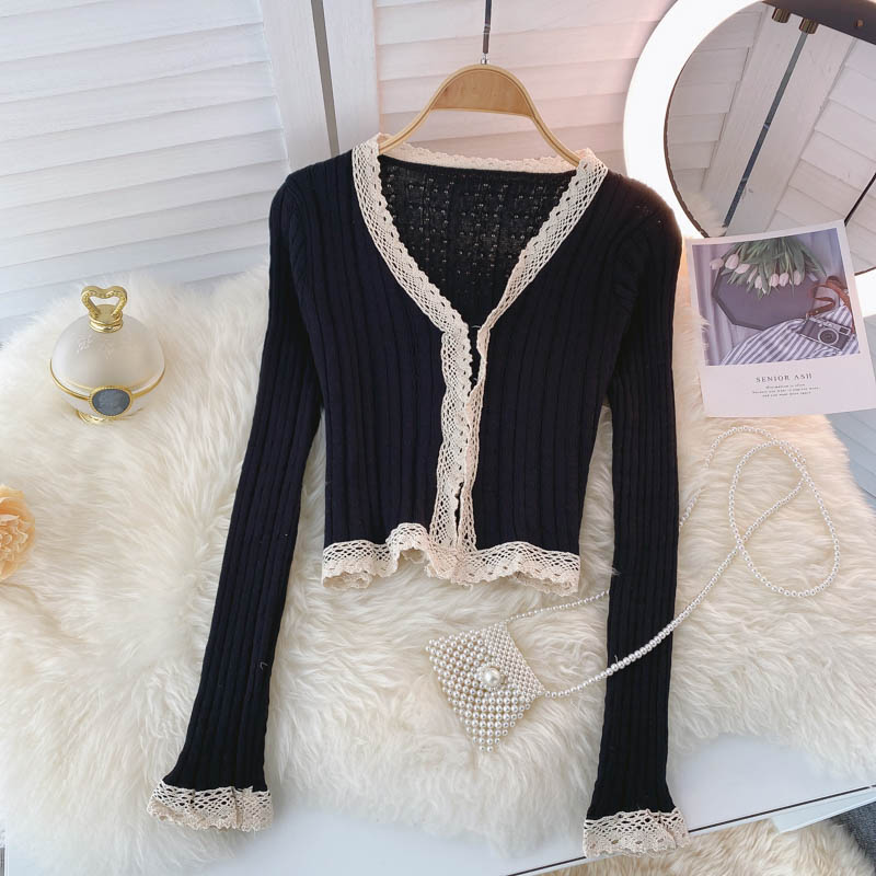 Haut tricoté vintage pour femme, col en V, dentelle, automne 1595