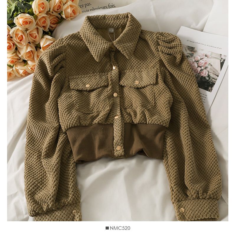 Korean short single breasted cardigan Lapel slim fit versatile long sleeved top fashion 2107