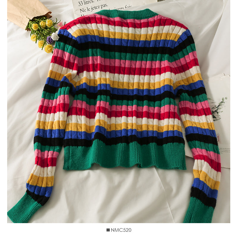 Pull femme fin à simple boutonnage à rayures colorées élégantes 1788