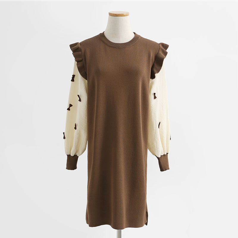 Loose and slim long sleeved wool dress over knee knitted skirt bottomed long skirt 2445
