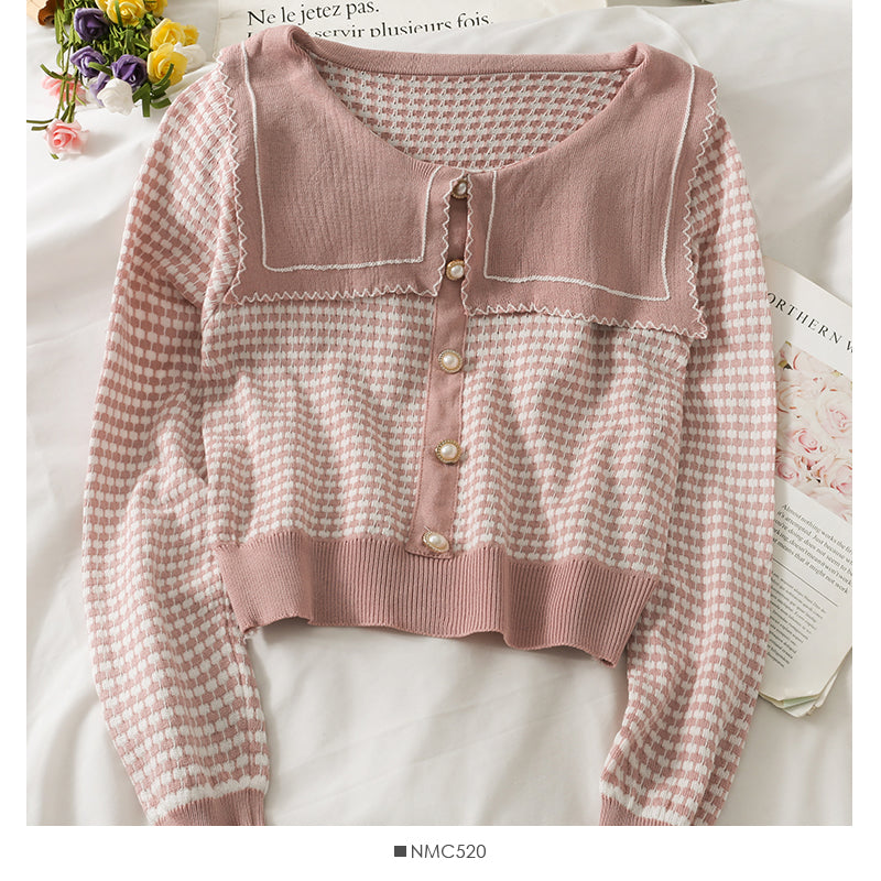 Pull à manches longues à carreaux slim et slim pour femme col poupée 1760