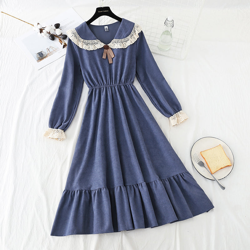 Female doll collar red corduroy dress 2180