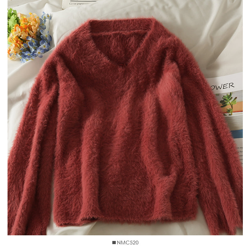Pull ample et fin à col en V en peluche, haut polyvalent à manches longues coréen 1995
