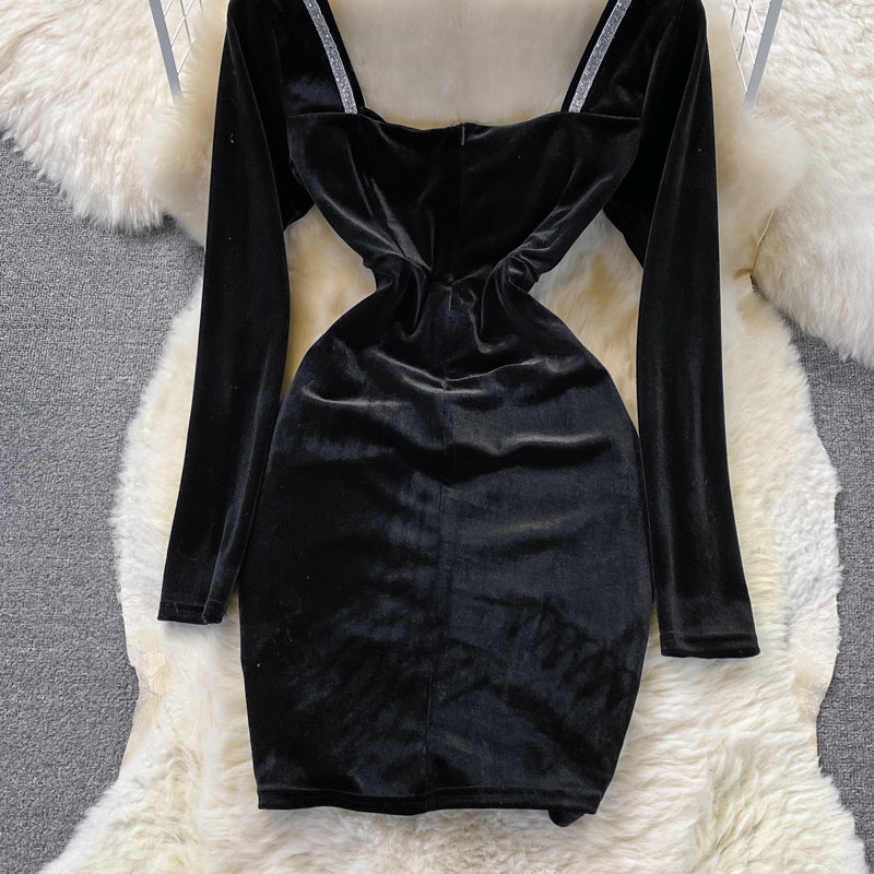 Korean new V-neck velvet with diamond temperament waist closing 2846