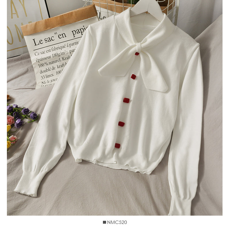 Pull simple boutonnage à col montant et nœud, doux et polyvalent, 2026