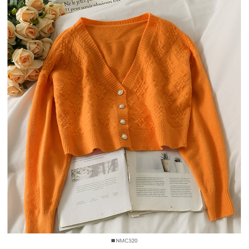 Pull cardigan court à simple boutonnage en tissu écossais coréen 1953