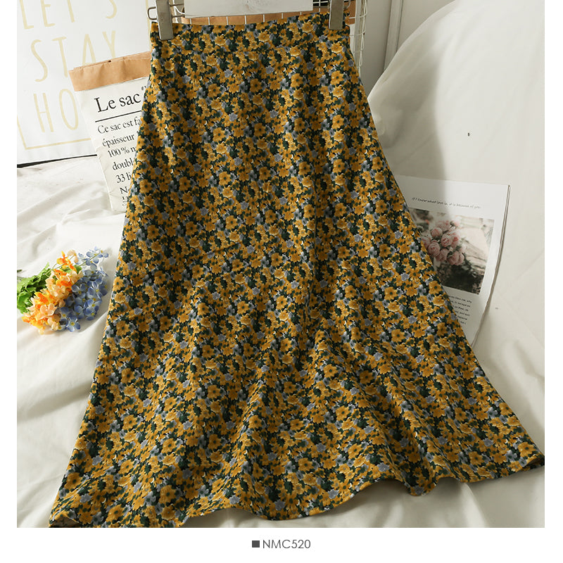 Jupe trapèze taille haute mi-longue à imprimé floral rétro de style Hong Kong 2533