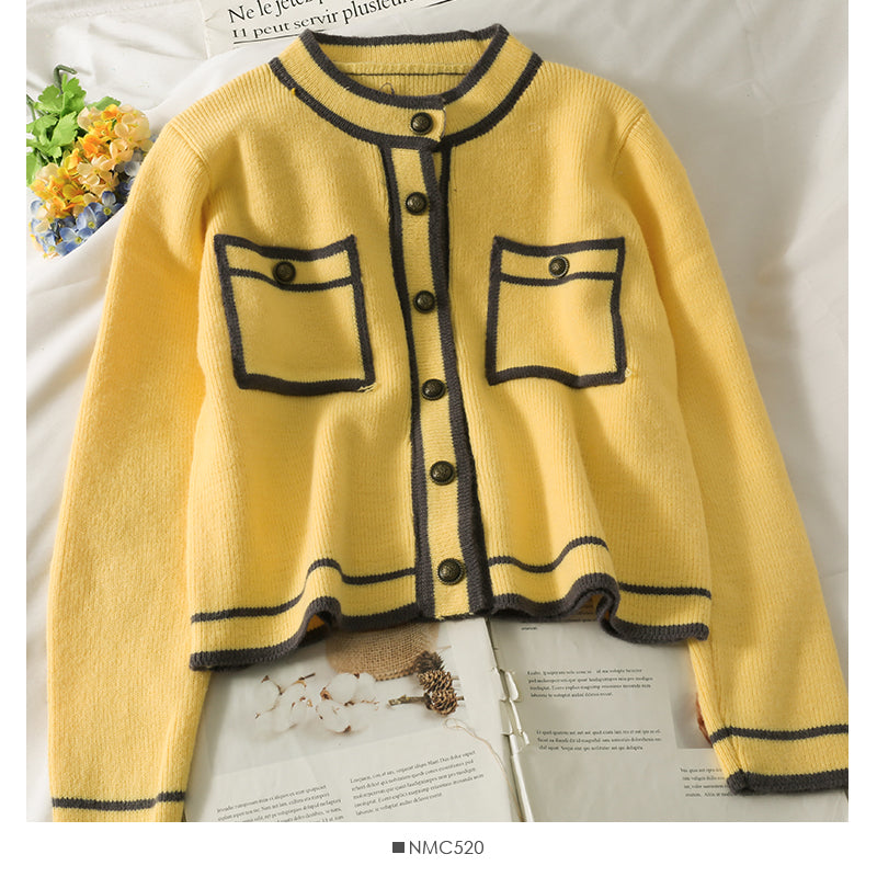 Pull cardigan à simple boutonnage à col montant et rayures coréennes pour femme 1802