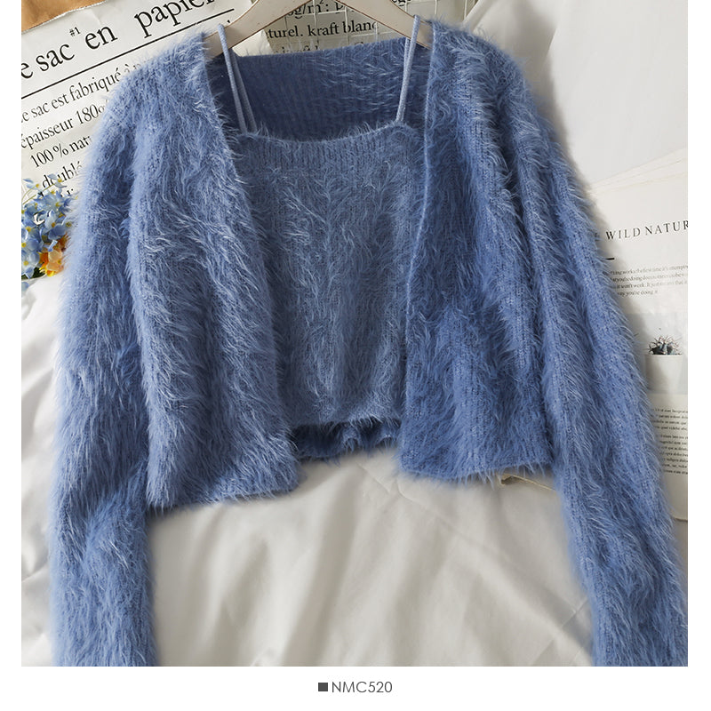 Pull cardigan slim à manches longues avec gilet à bretelles à l'intérieur 1695