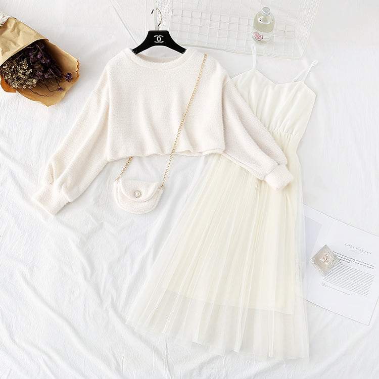 Woolen suit long skirt two-piece sling mesh with bottom dress 2154