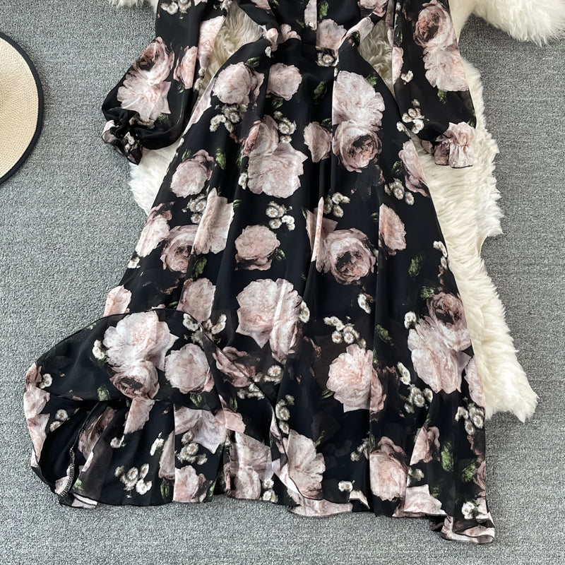 Robe en mousseline de soie vintage française à taille fine et tempérament élancé 3198